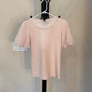 Pearl Decroated Sheer Puff Short Sleeve Light Pink Stretchy Top